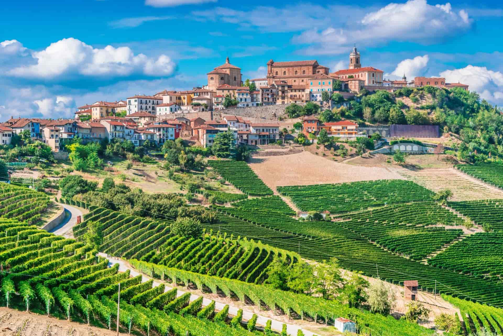 Hilltop town overlooking extensive green terraced vineyards under a bright blue, cloudy sky.