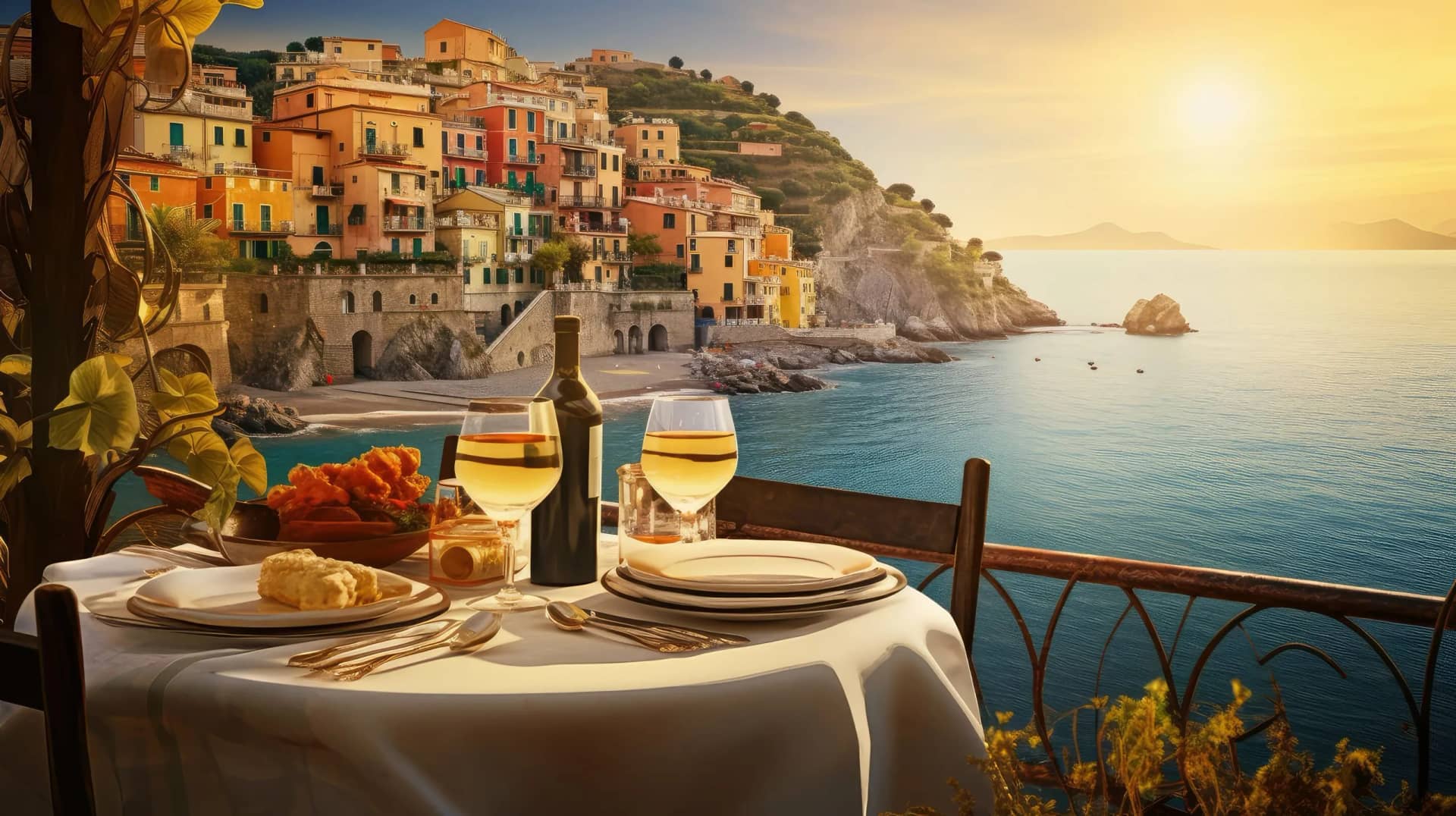 Outdoor dining with wine and food overlooking colorful coastal village at sunset