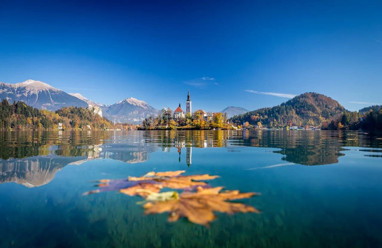 Autumn leaf floating on Lake Bled with island church and snow-capped mountains