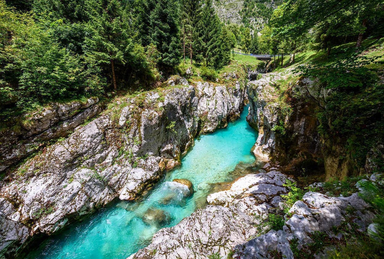Turquoise river flowing through a rocky gorge with dense green forest and a small bridge.