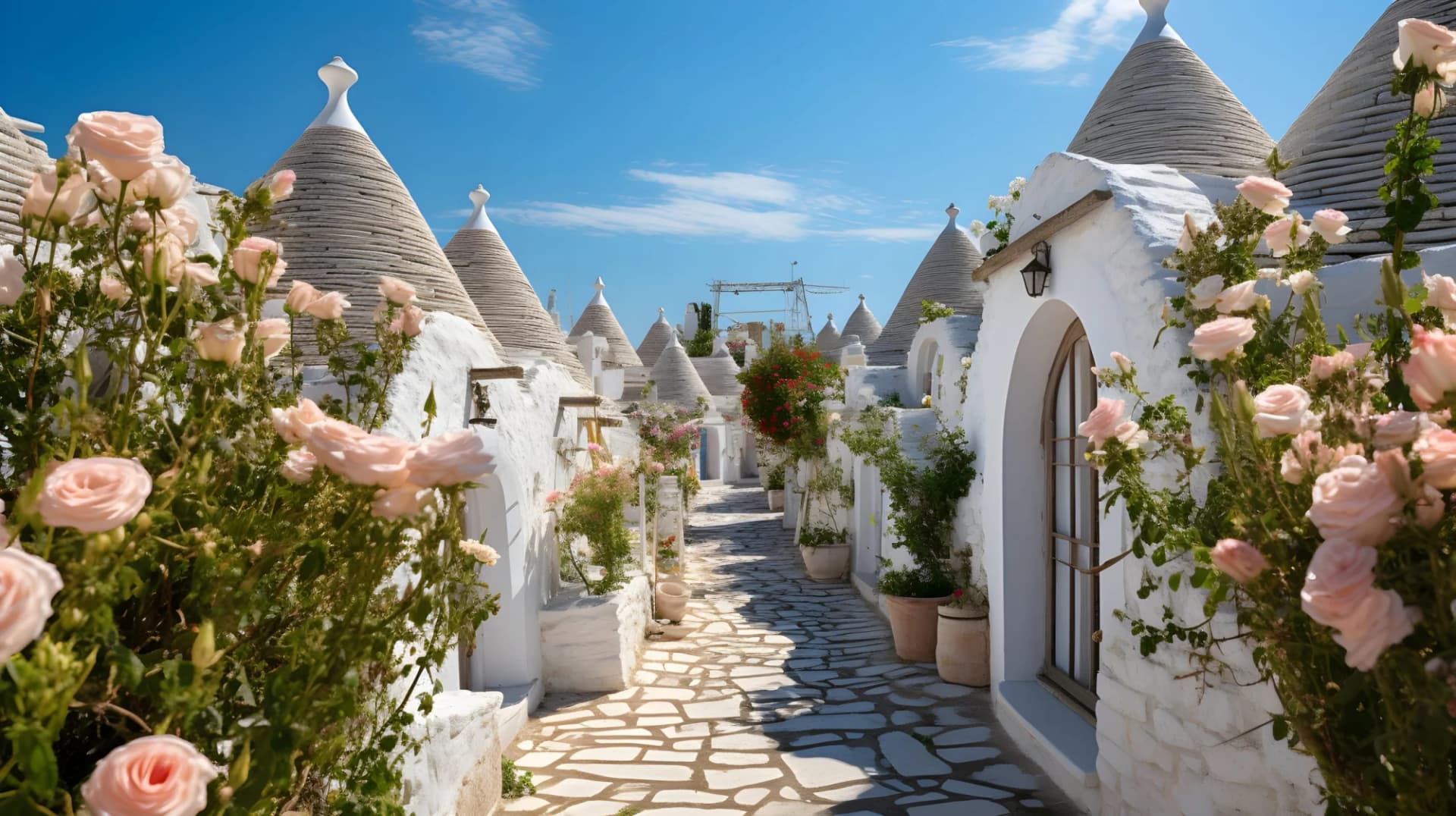 Alberobello trulli alleyway with white walls, conical roofs, and pink roses under blue sky.