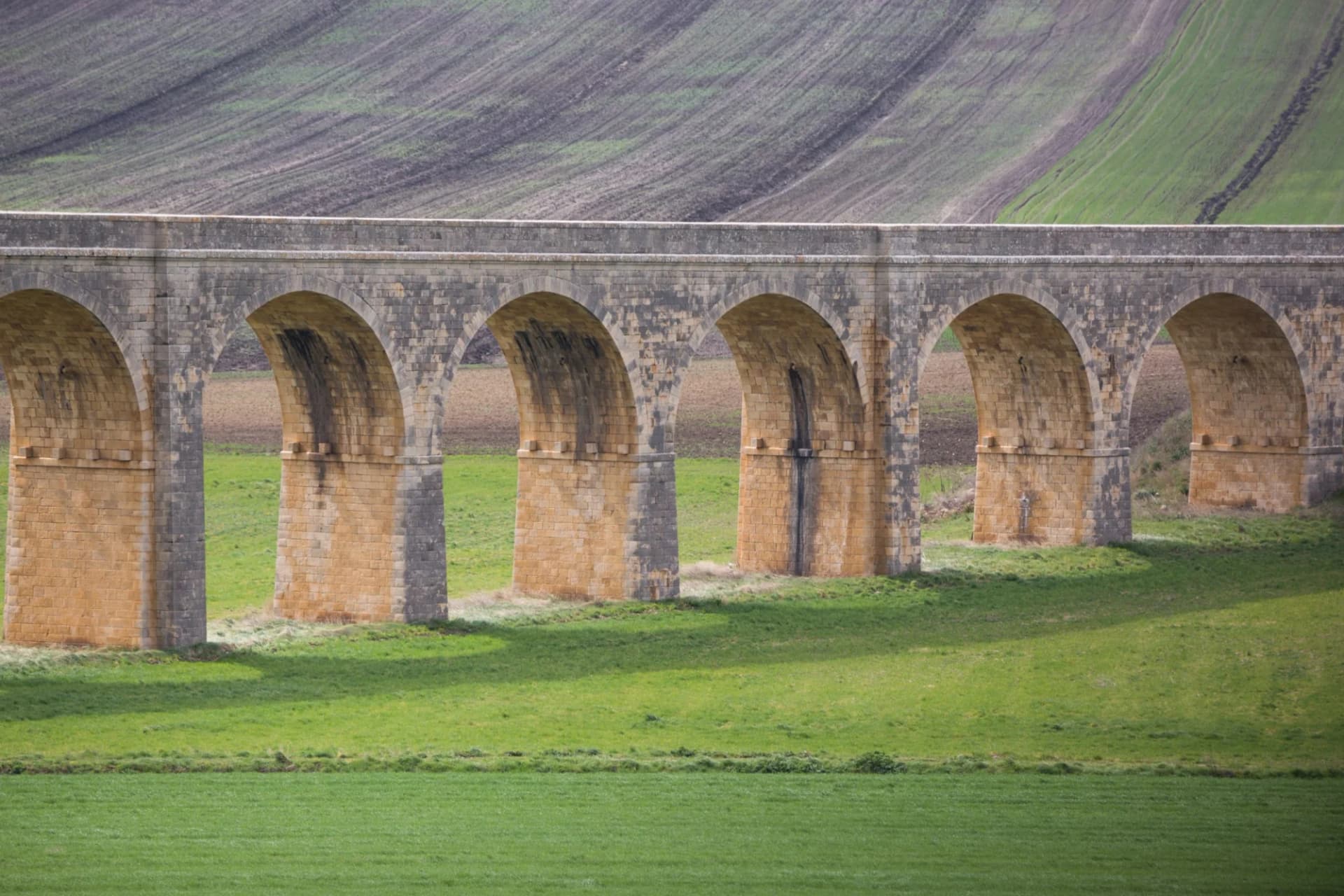 Stone arched viaduct crossing green fields with tilled hillside in background