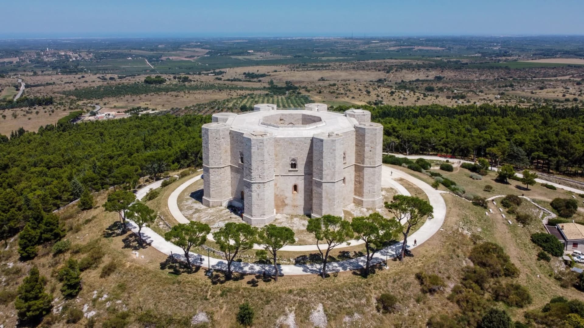 Castel del Monte octagonal fortress on a hill surrounded by trees under a clear blue sky.
