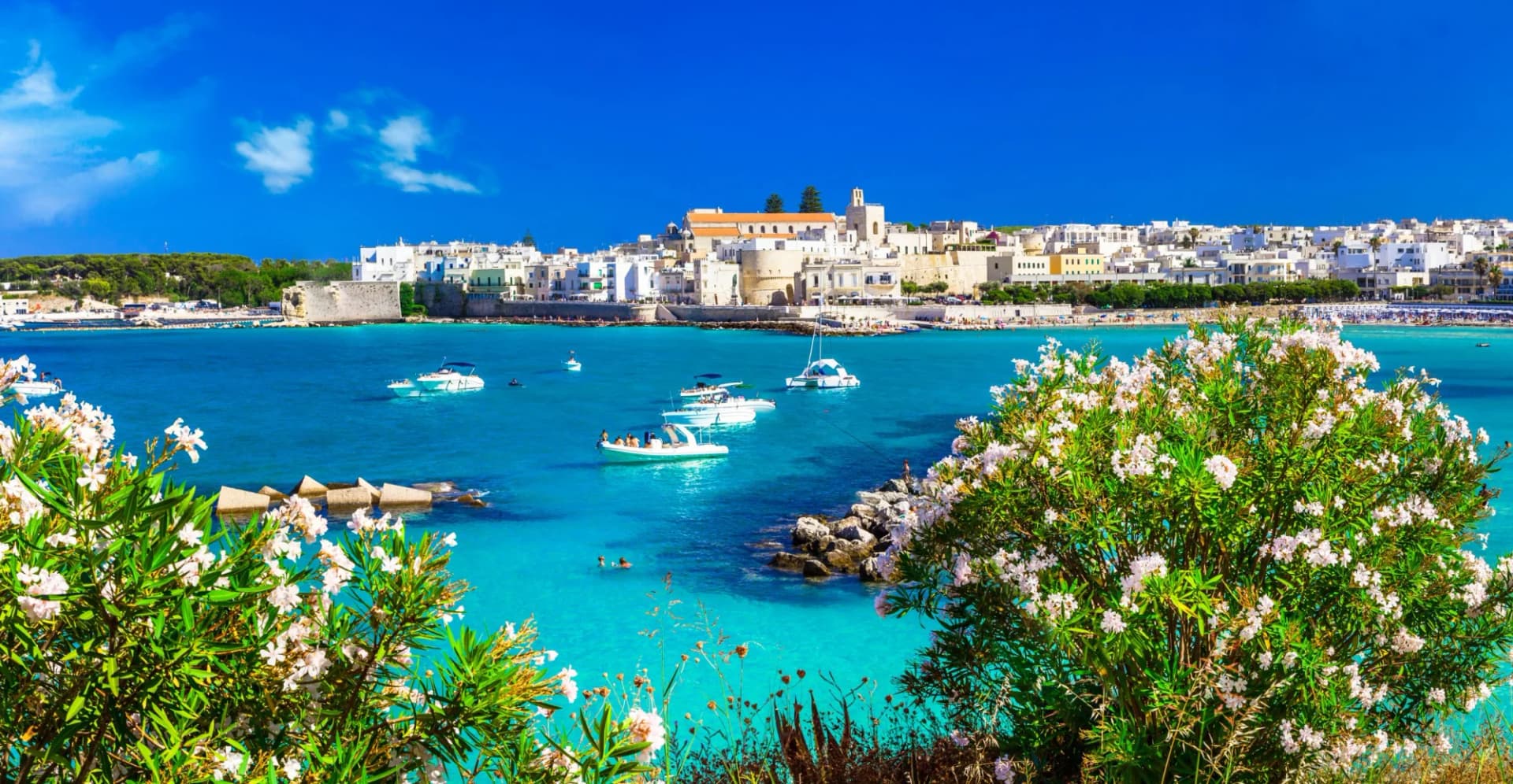 Boats on turquoise water with white buildings of Otranto coastline and white flowers foreground.