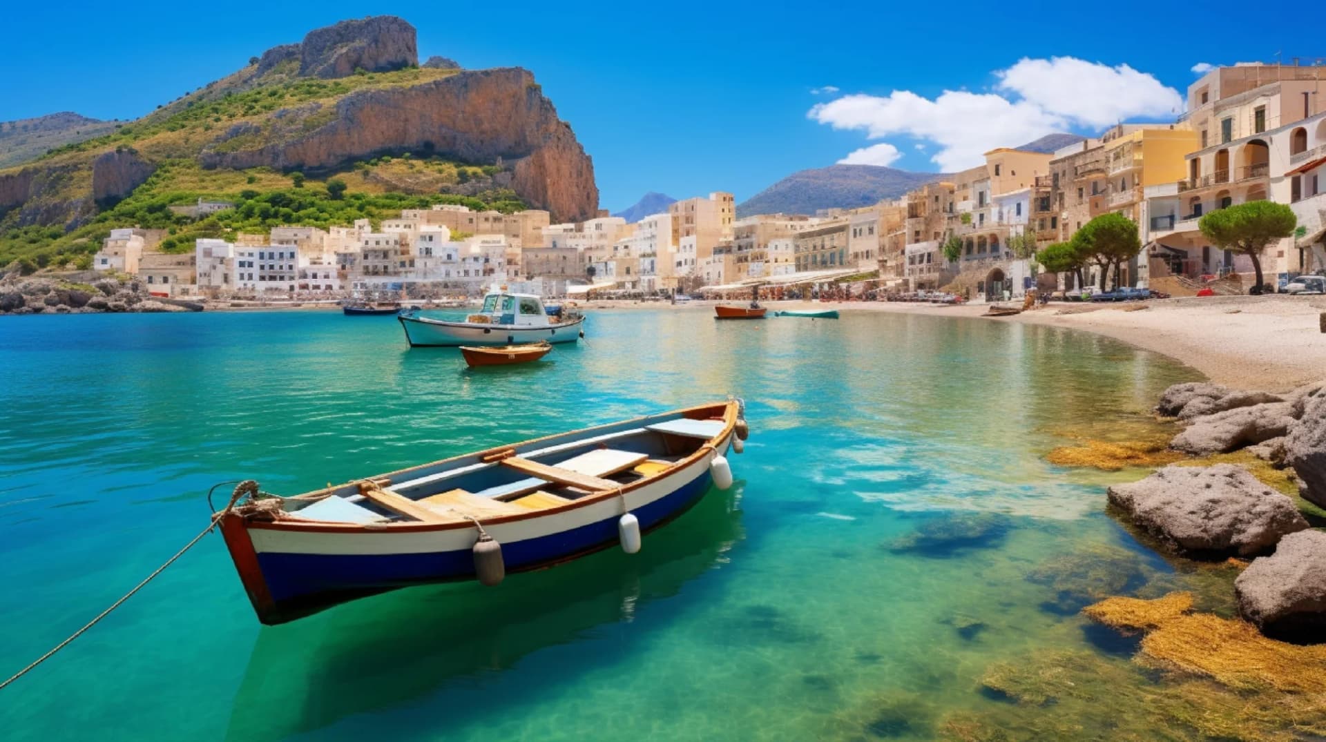 Small boats floating on turquoise water near a coastal town beneath a large cliff in Castellammare del Golfo.
