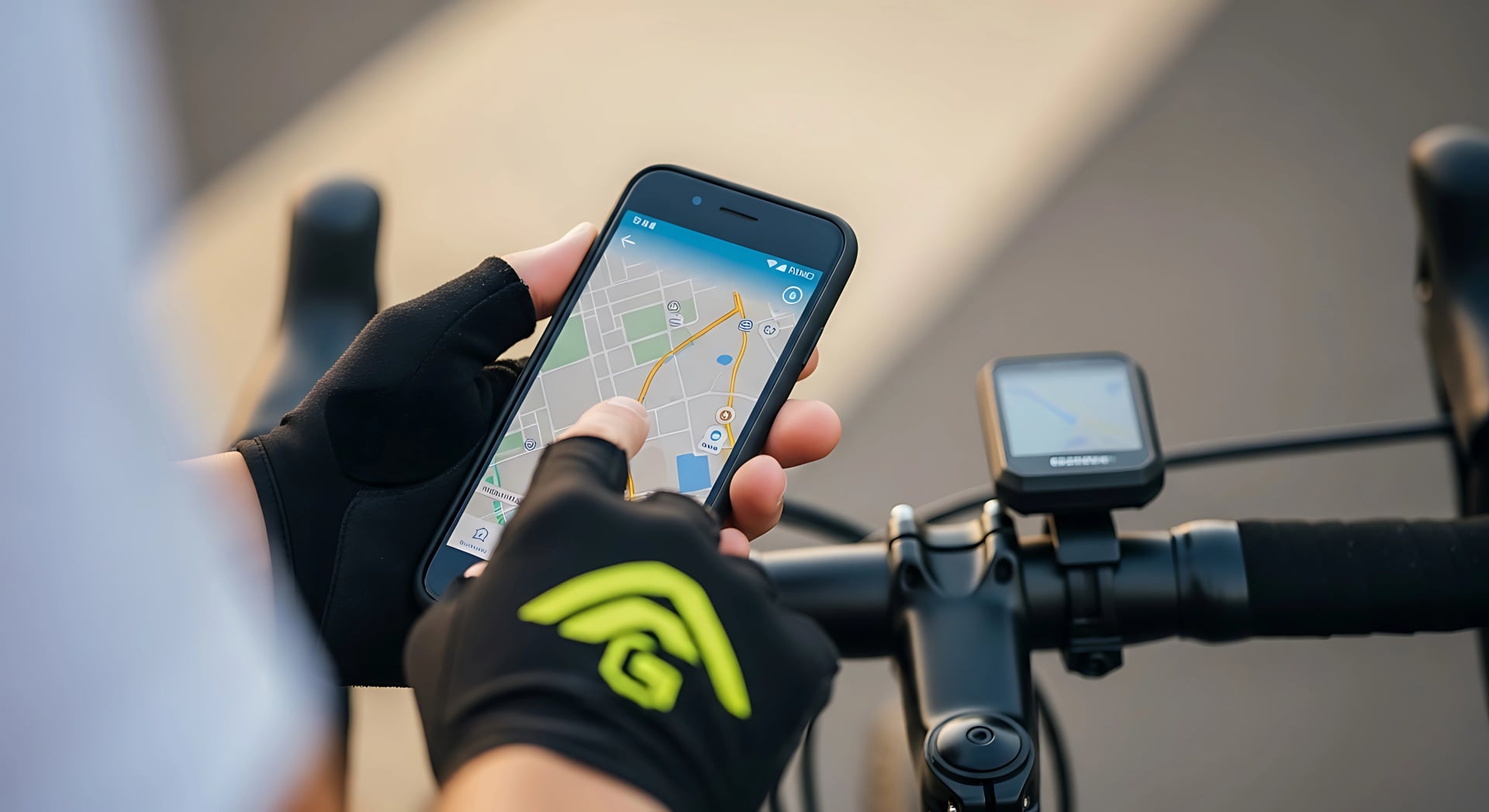Cyclist Using GPS Navigation App on Smartphone