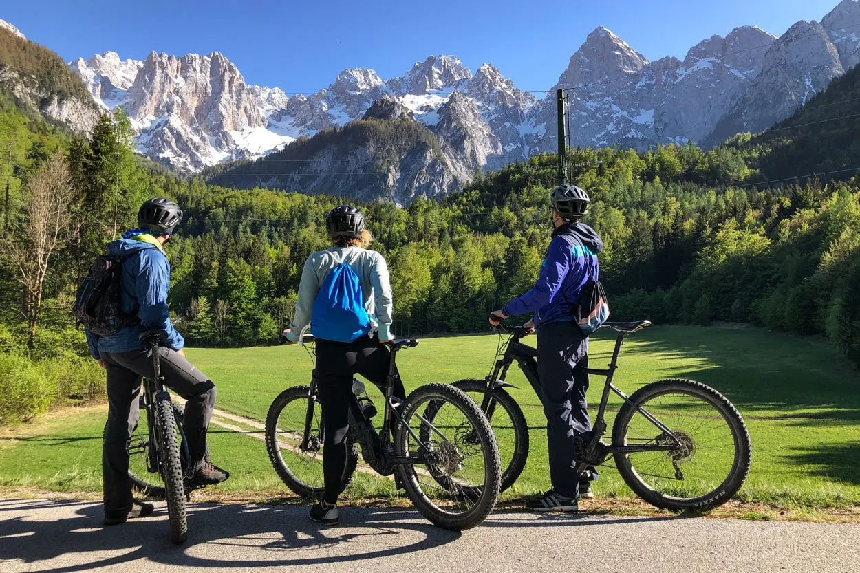 Mountain bikers viewing snow-capped Julian Alps from Upper Sava Valley with green forest.