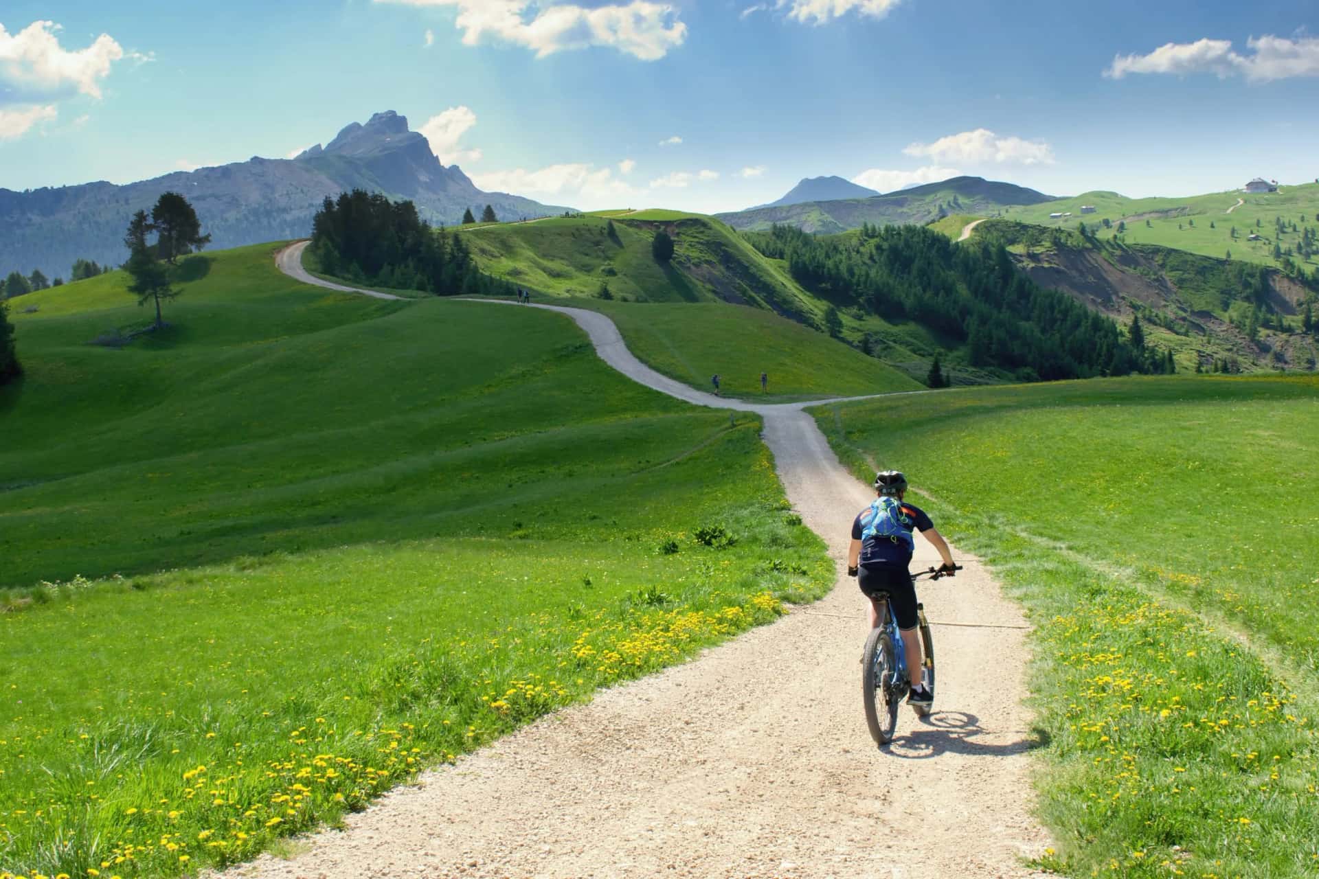 Mountain biking on a gravel path through green alpine meadows with distant peaks.