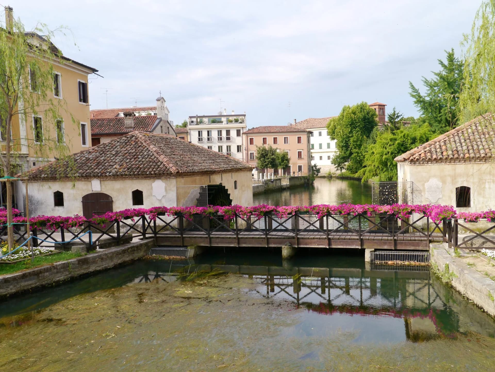 Watermill structure with wooden bridge and pink flowers over a canal in Portogruaro.