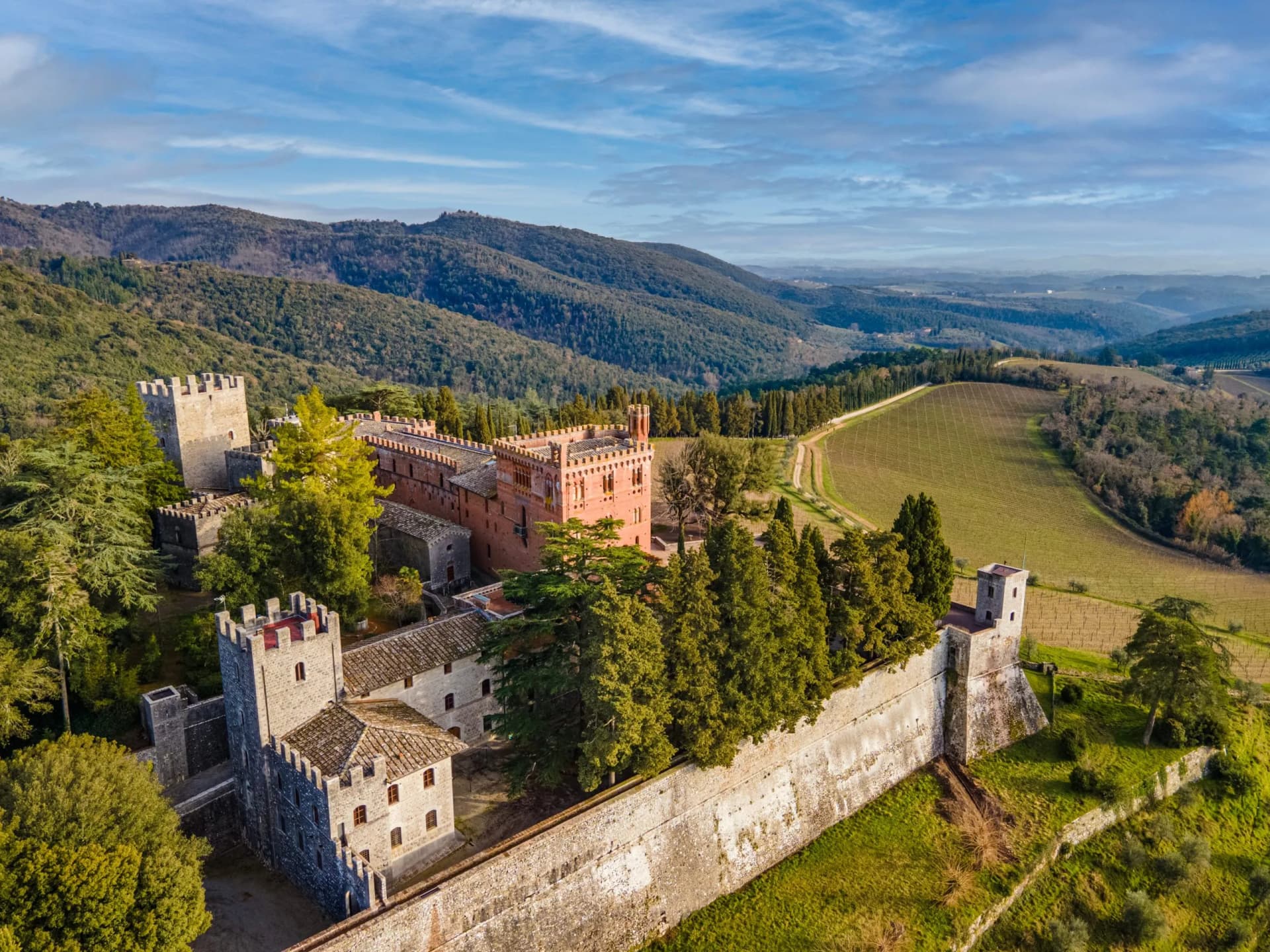 Fortified castle complex surrounded by green hills and vineyards under a blue, cloudy sky.