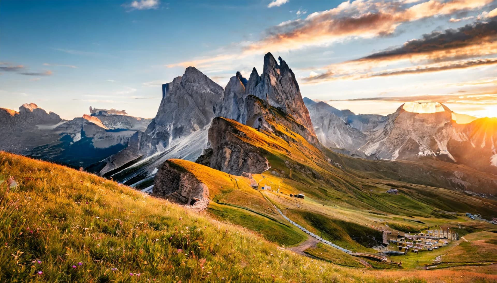 Sunrise illuminates jagged peaks of Seceda and surrounding mountains from Passo di Giau, Dolomites, Italy.