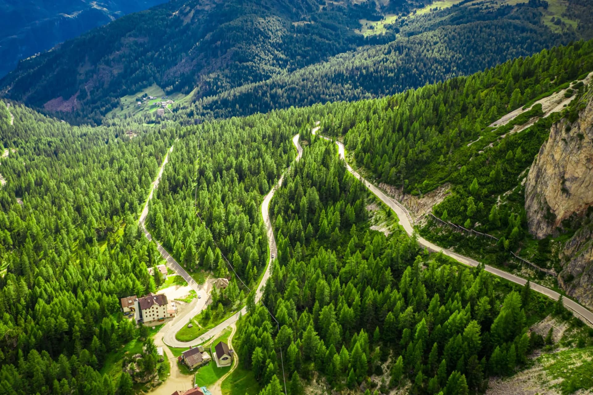 Aerial view of winding road through green forest near Sass de Stria peak, Dolomites.