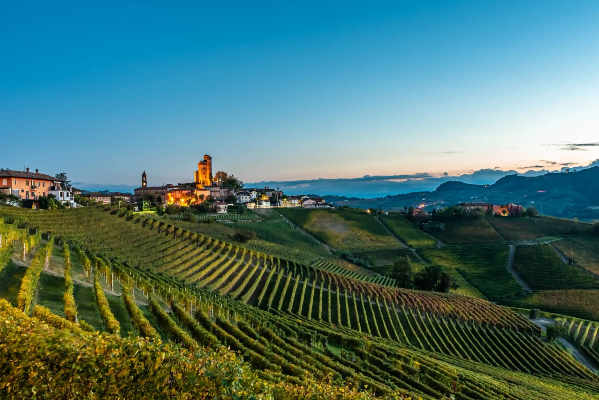 Vineyards surrounding Serralunga d'Alba village illuminated at dusk in the Langhe hills.