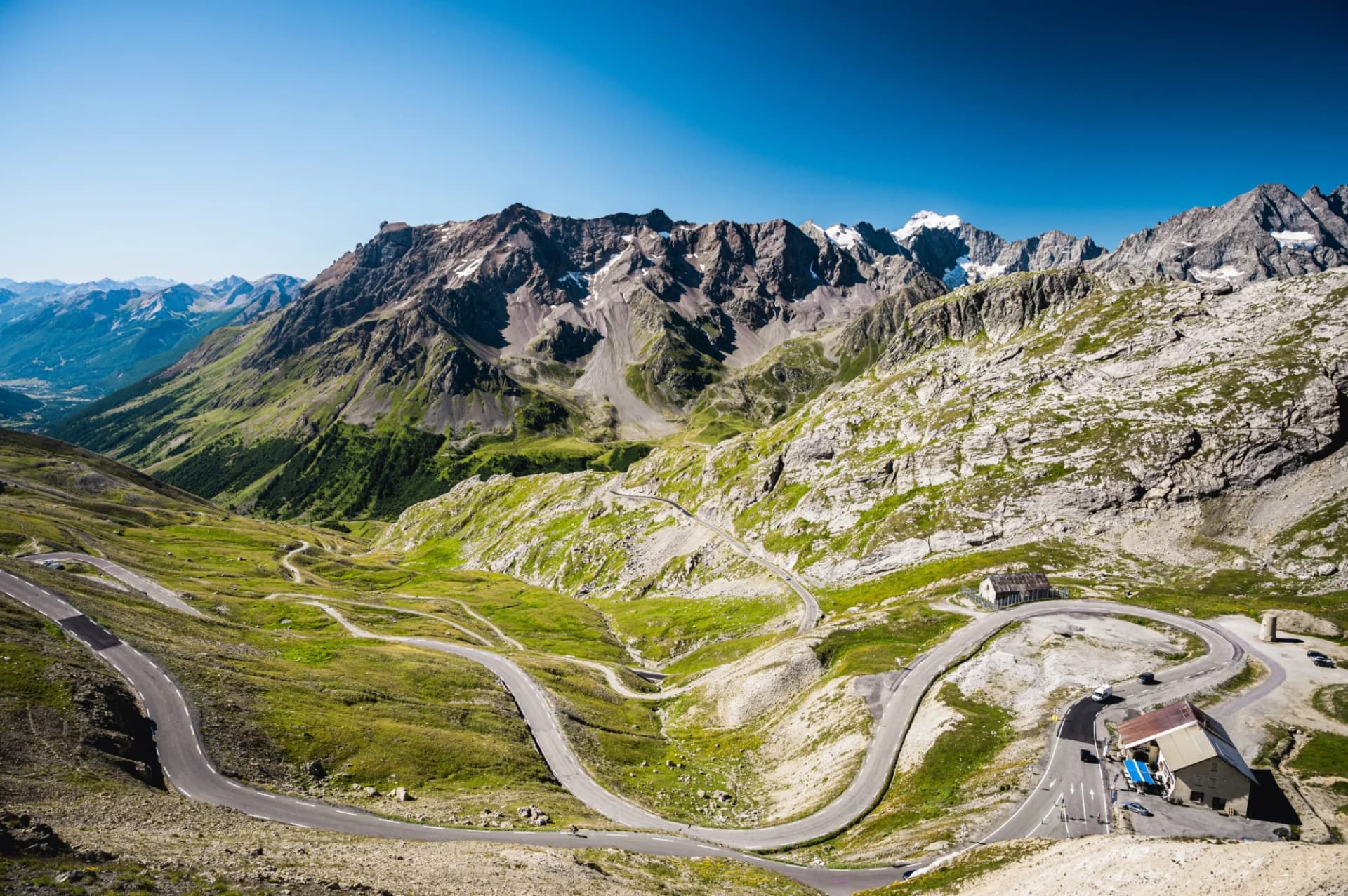 Winding mountain road up Col du Lautaret toward the Galibier in the Hautes-Alpes, France.