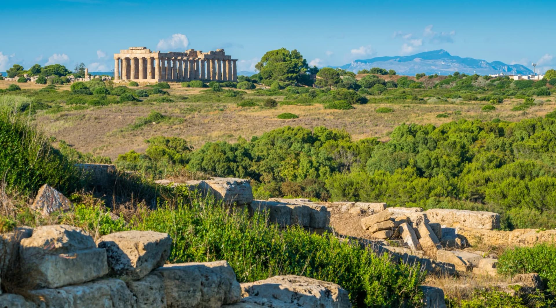 Ruins of Selinunte archaeological site with Greek temple columns on a grassy hill in Sicily, Italy.