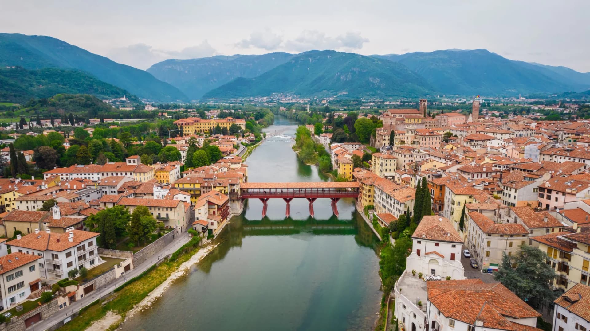 Aerial view of Alpini Bridge over Brenta River in Bassano del Grappa, Vicenza, Italy.