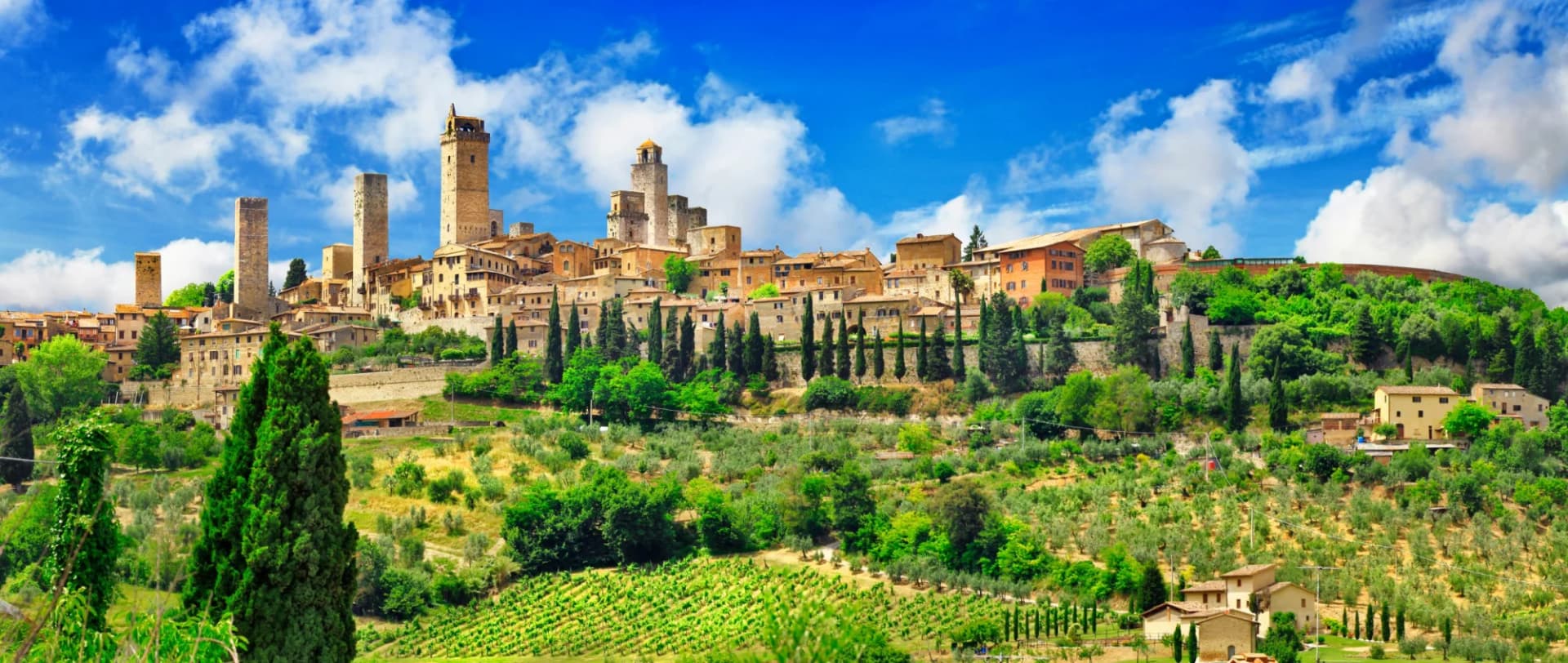 Panorama of San Gimignano, Tuscany, with medieval towers above green hills and vineyards under blue sky.