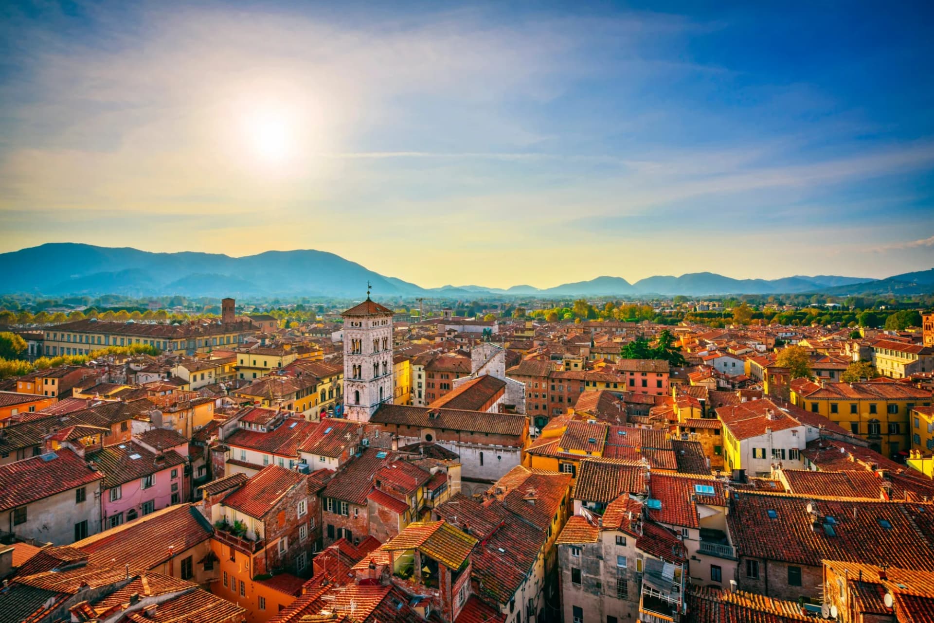 Rooftops of Lucca, Italy, with a prominent white tower, set against distant mountains under a bright sun.