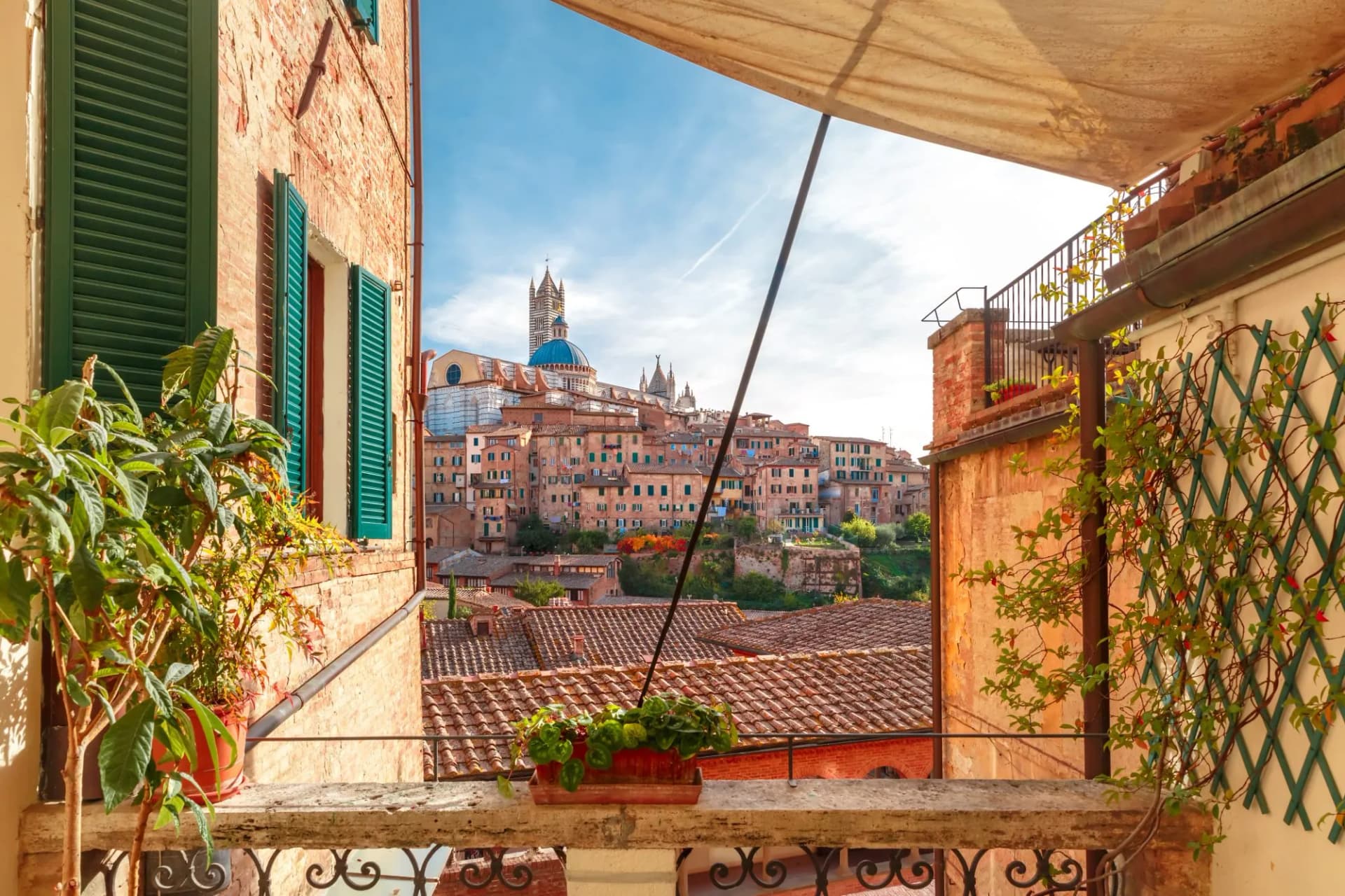 View of Siena Cathedral dome and medieval city rooftops through autumn leaves in Tuscany, Italy.