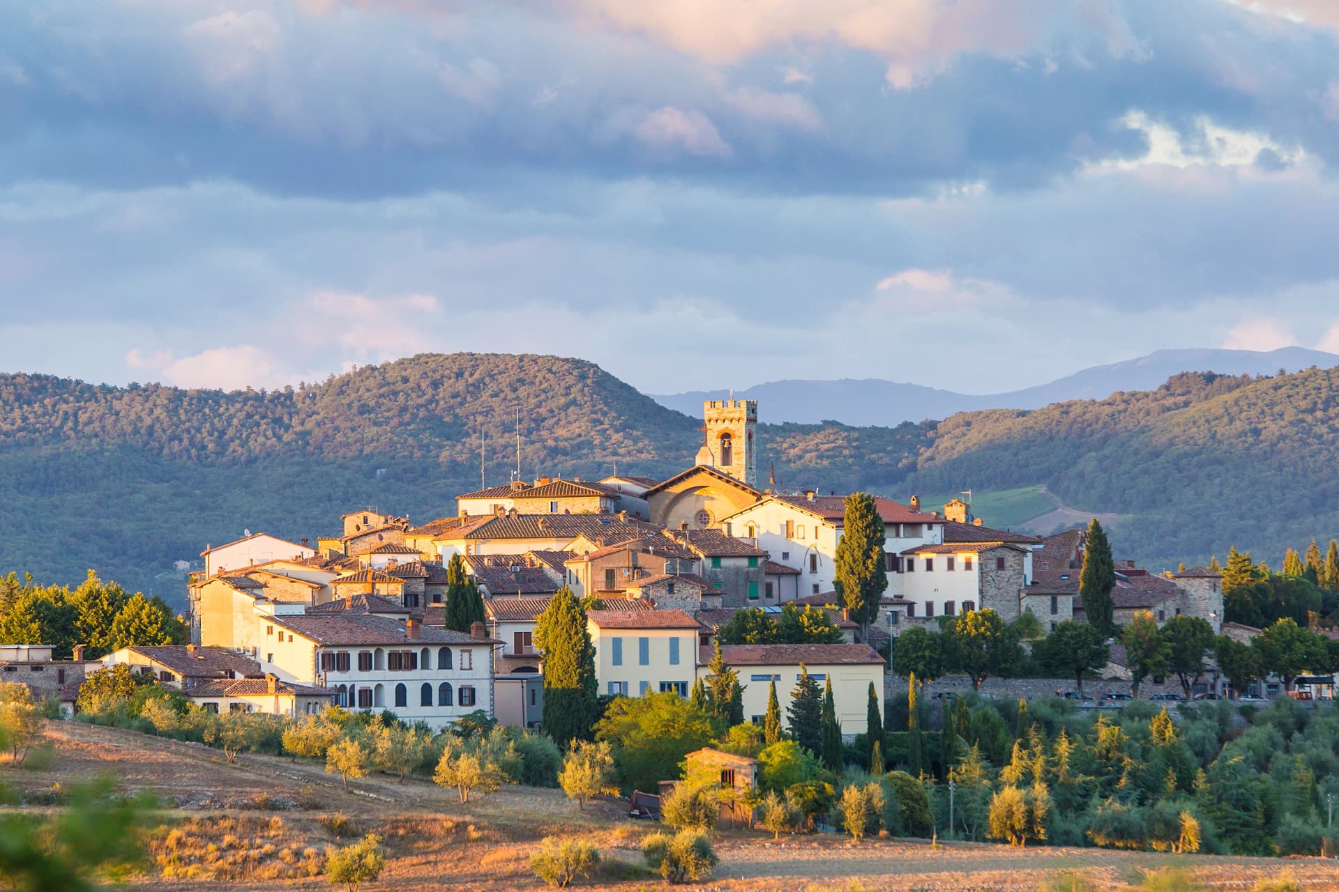 The village of Radda in Chianti at sunset, province of Siena, Tuscany, Italy.
