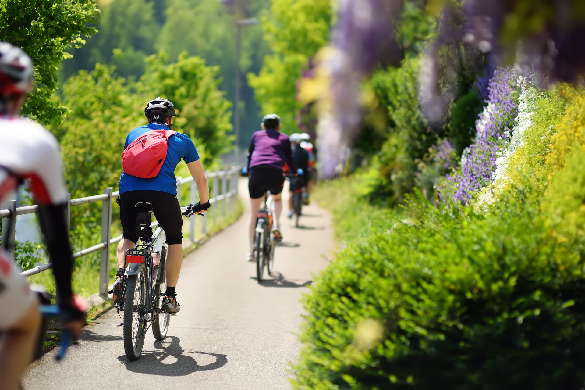 Cyclists riding on paved path next to lush greenery and colorful spring flowers