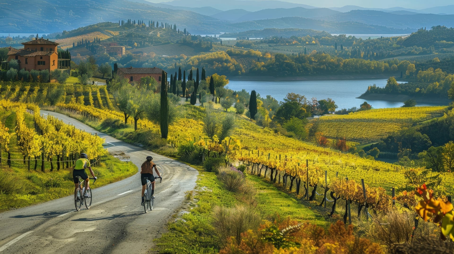 Two individuals are cycling down a rustic road in Tuscany, Italy. The cyclists are surrounded by rolling hills, vineyards, and cypress trees typical of the countryside
