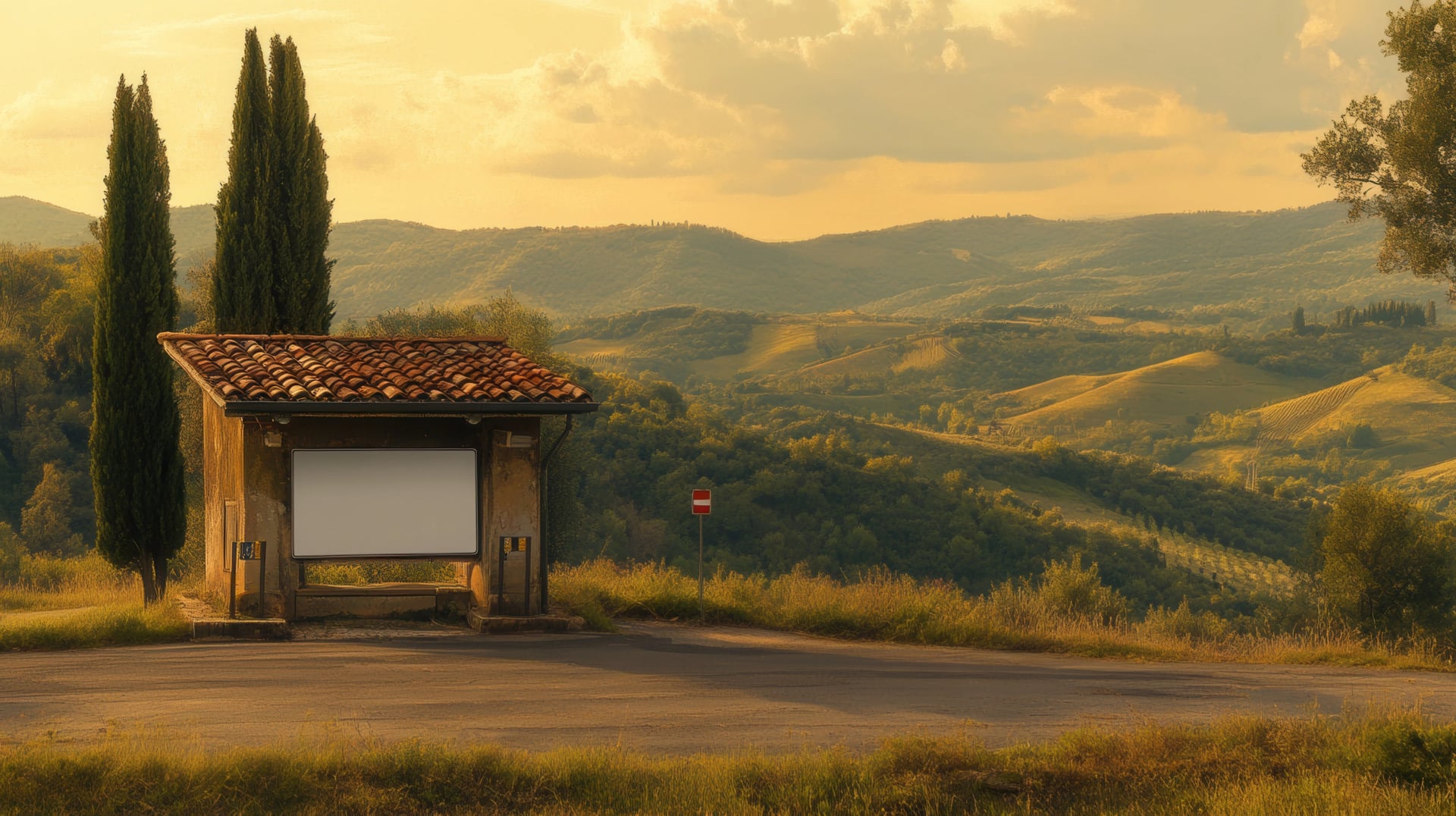 Scenic Sunset View of a Rustic Bus Stop in Countryside