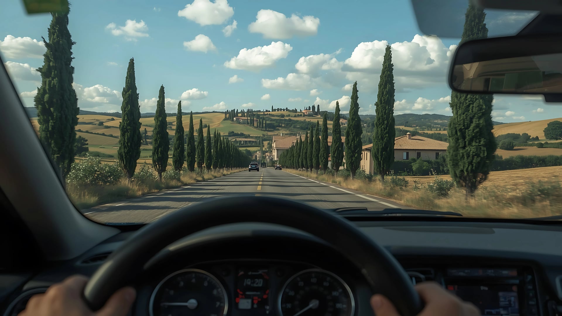 Driver’s windshield view, Tuscany hills, cypress alleys, steering wheel in foreground, shallow DOF, photorealistic, 4K.