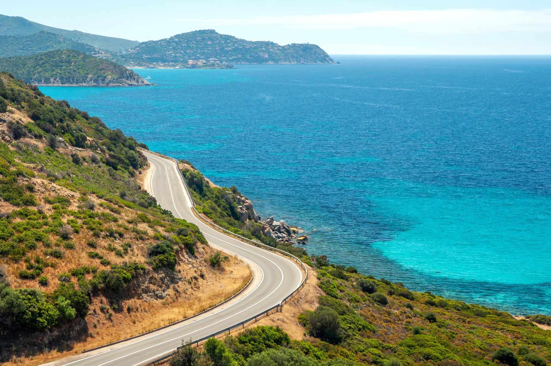 Panoramic road along the coast in Villasimius. Road 17 between Cagliari and Villasimius, Sardinia, Italy