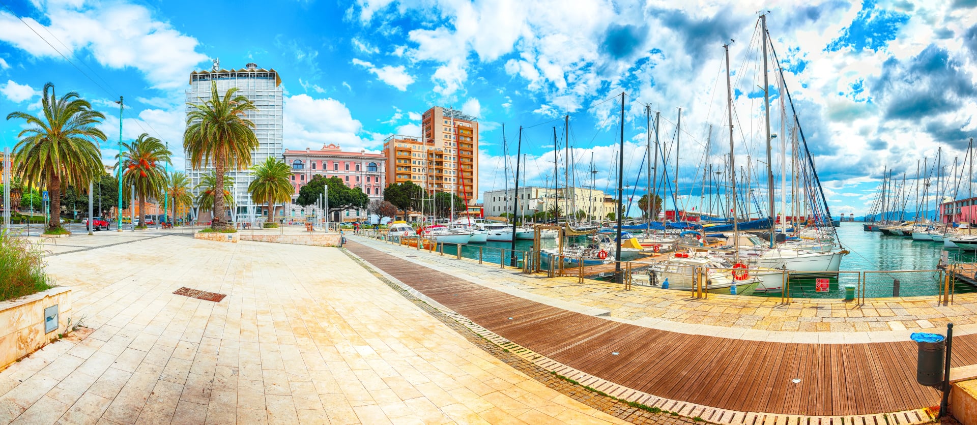 Splendid spring Cityscape with marina and Yachts and boats in town Cagliari