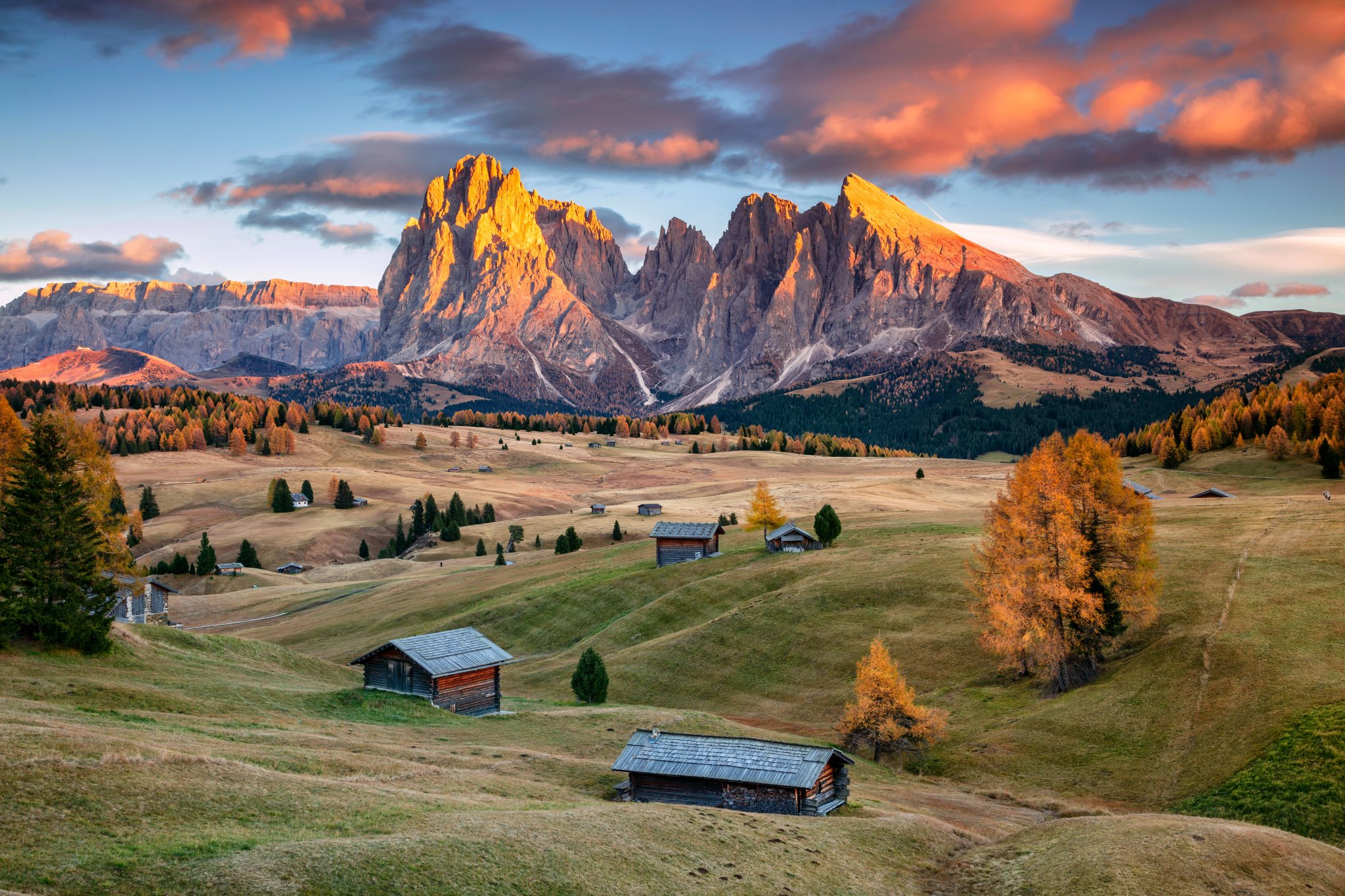 Dolomites. Landscape image of Seiser Alm a Dolomite plateau and the largest high-altitude Alpine meadow in Europe.