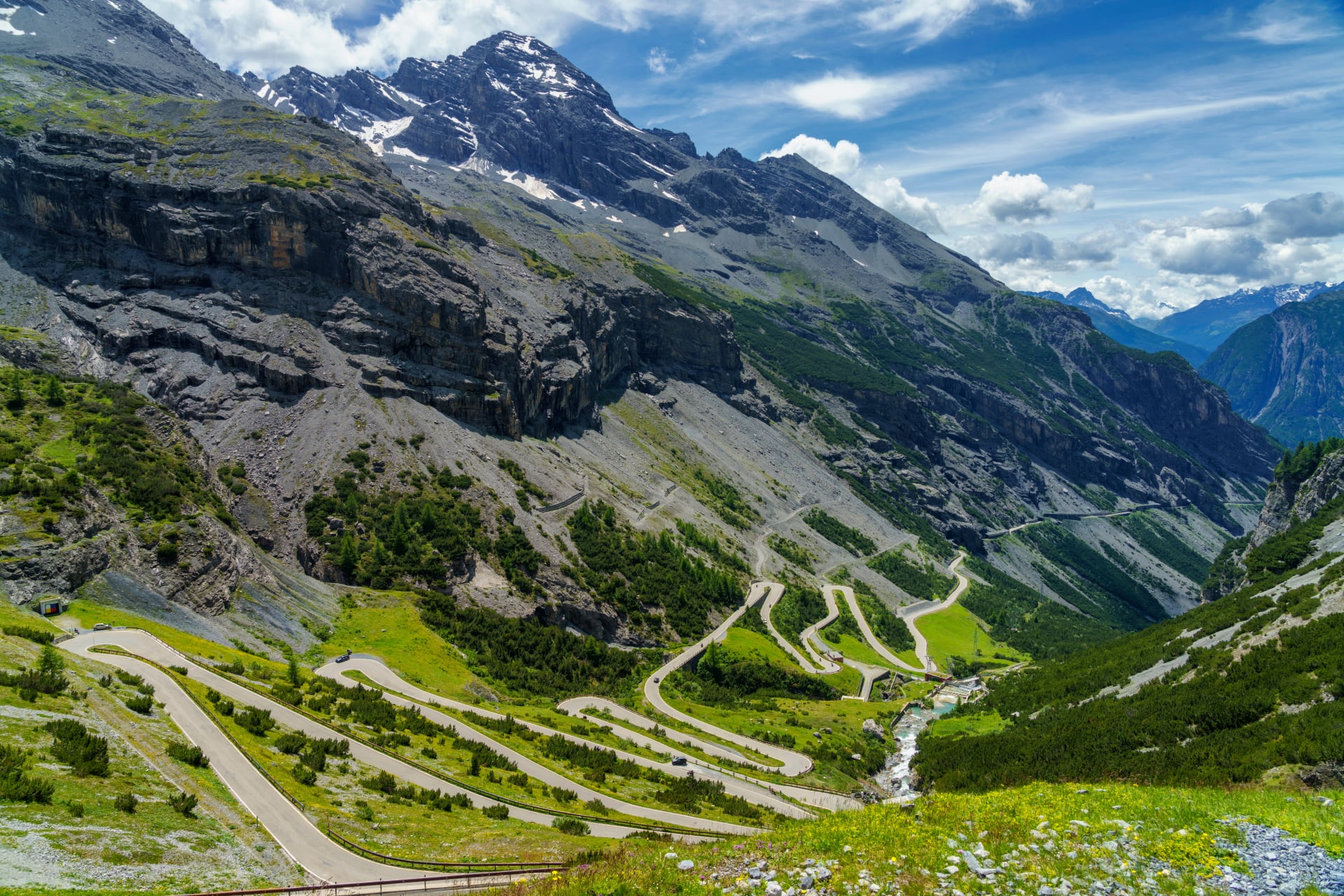 Mountain landscape along the road to Stelvio pass (Lombardy) at summer