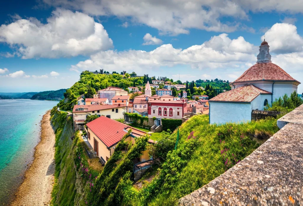 Bright view of old town piran